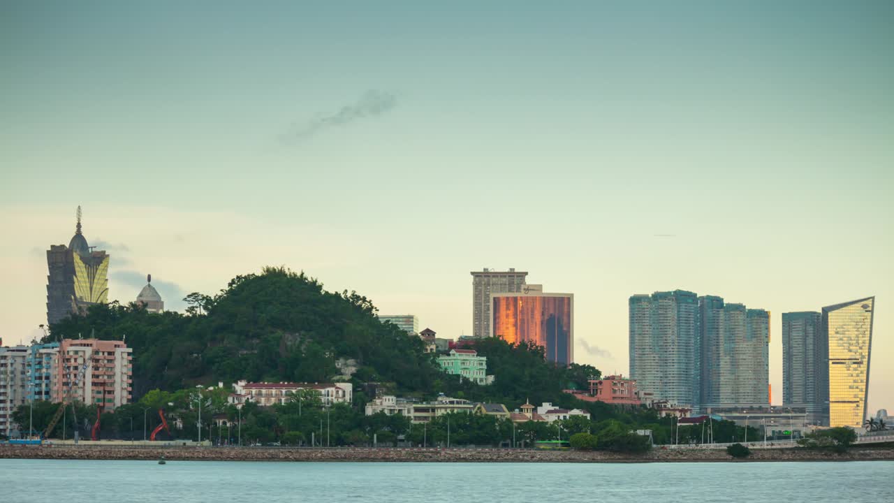 cina tramonto baia di zhuhai macau città alberghi costa panorama 4k timelapse