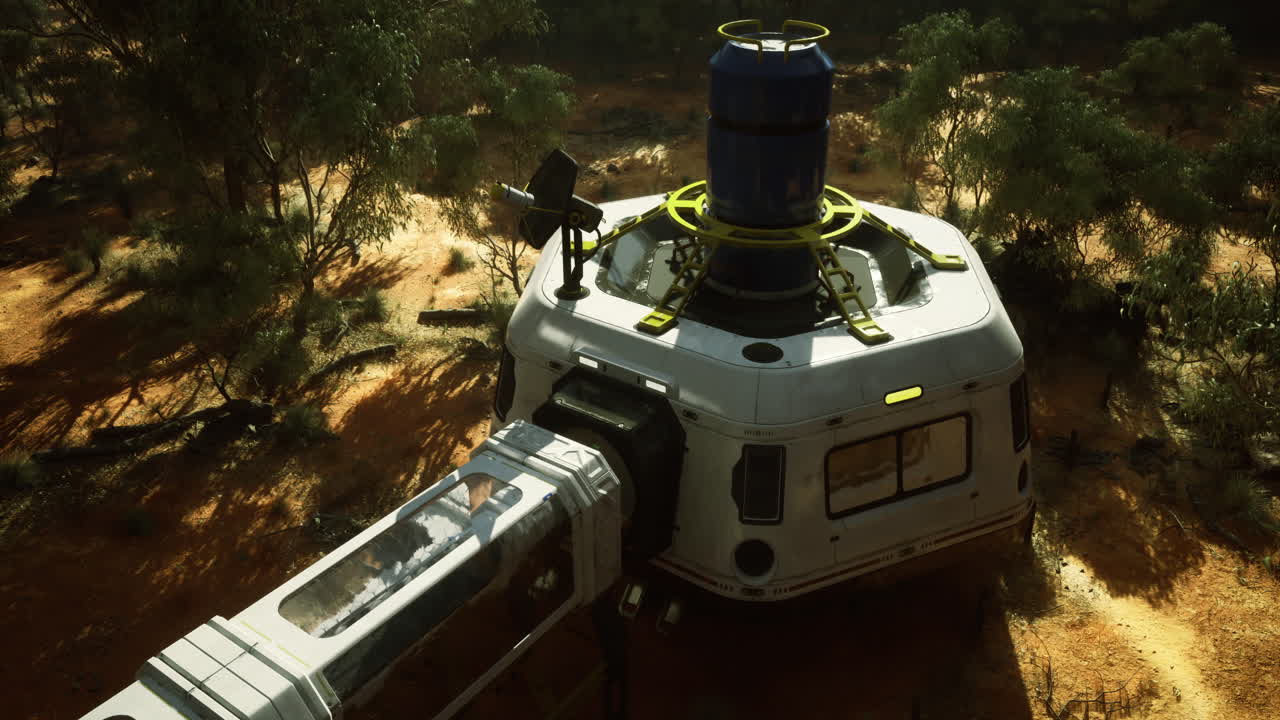 Habitat module on alien landscape with sunlight filtering through trees