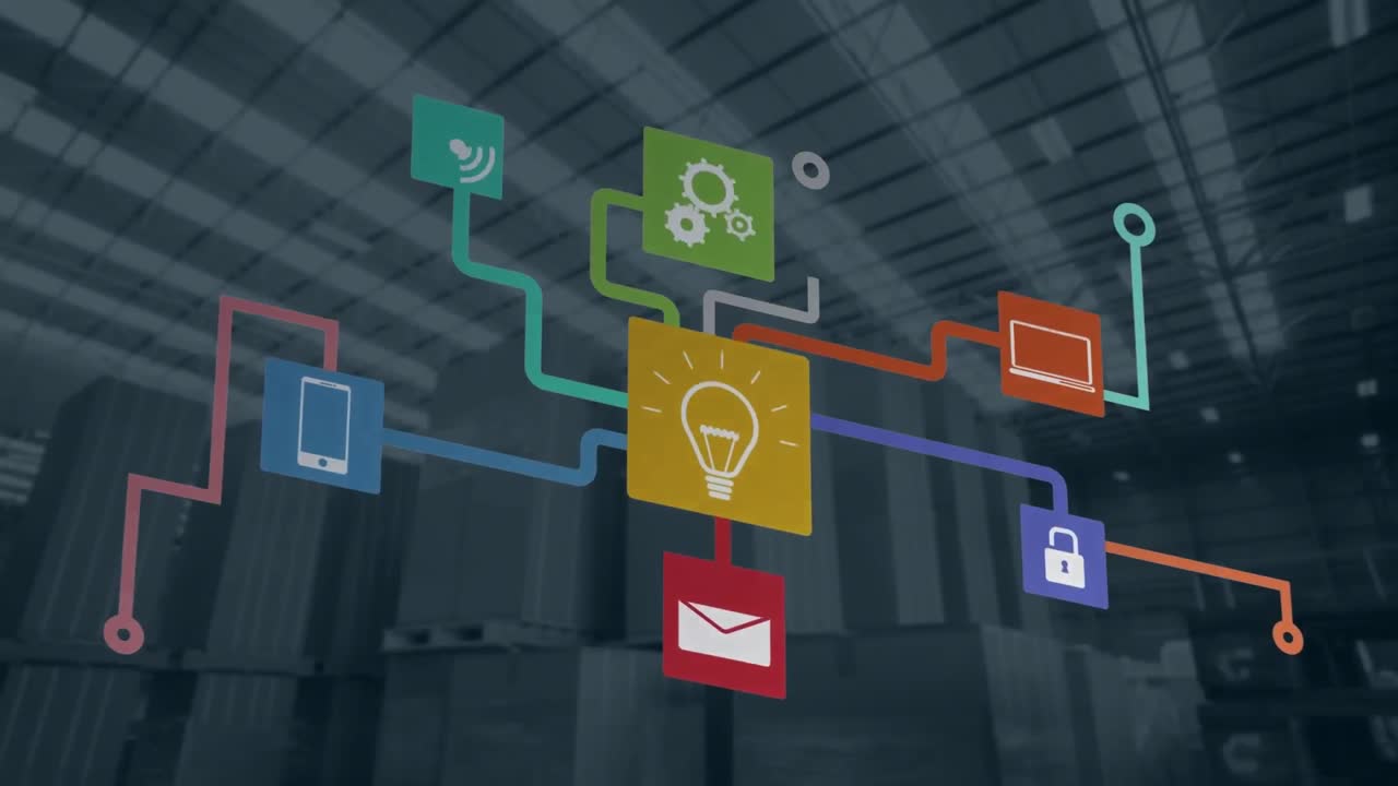 Animation of icons connected and forming flowchart over piled up cartons boxes in warehouse
