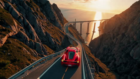 ferrari on a scenic mountain road bridge sunset drive