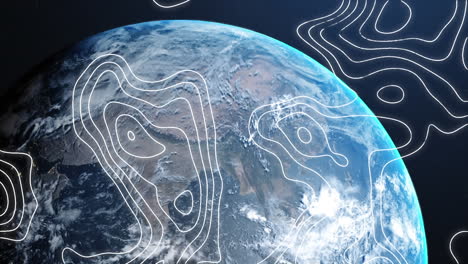 digital animation of topography over spinning globe against blue background