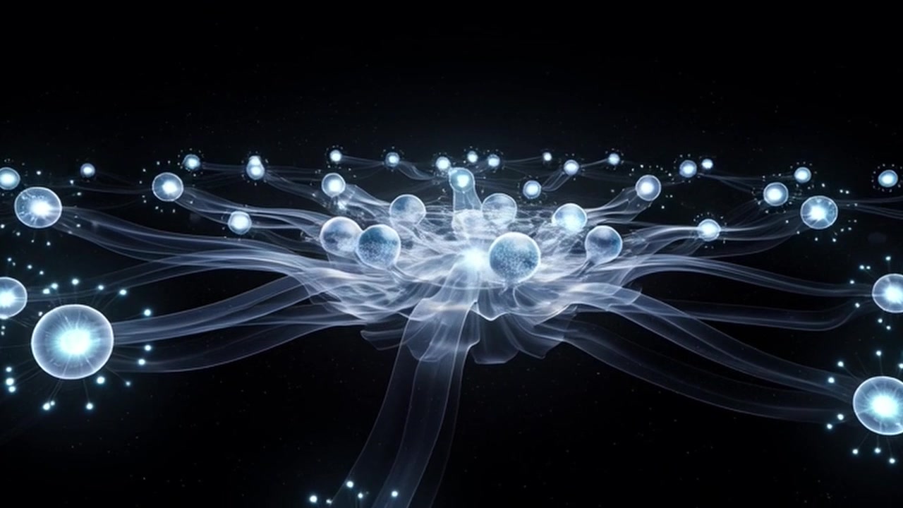 Abstract Digital Network Connection with Glowing Spheres and Flowing Lines