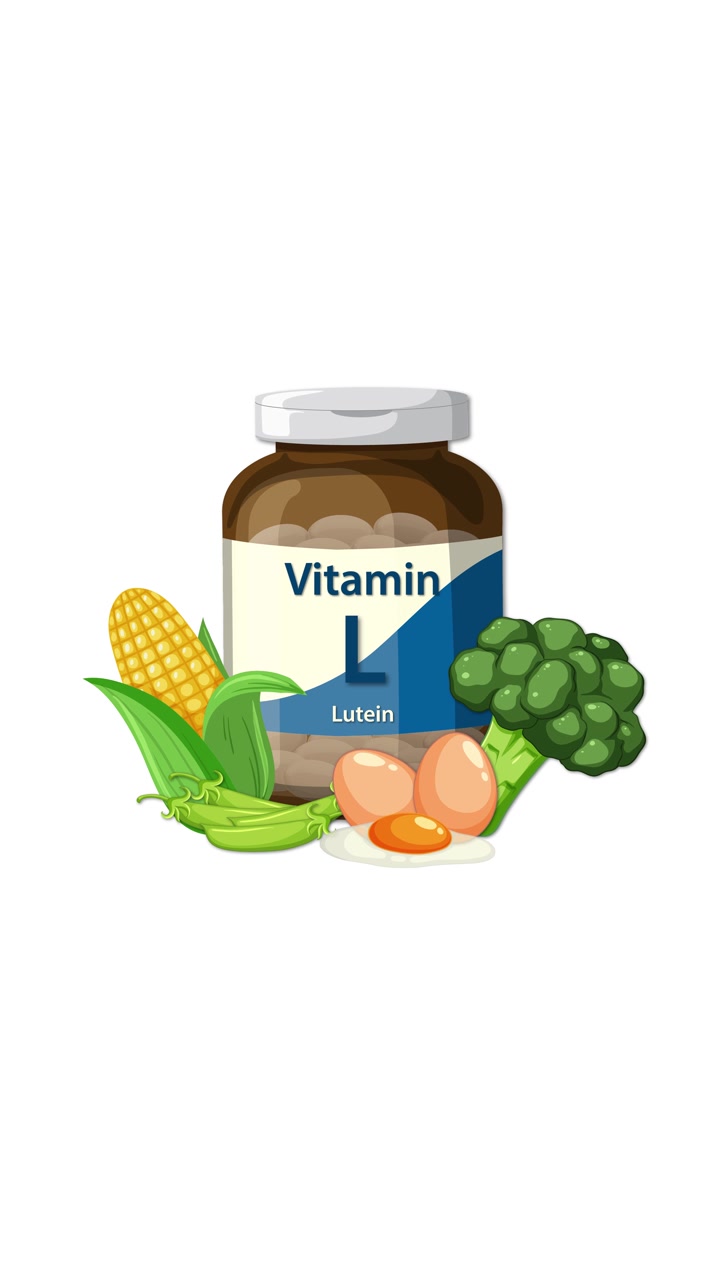L'etichetta di una bottiglia di vitamina luteina si anima, circondata da mais, broccoli, uova e piselli su sfondo bianco.