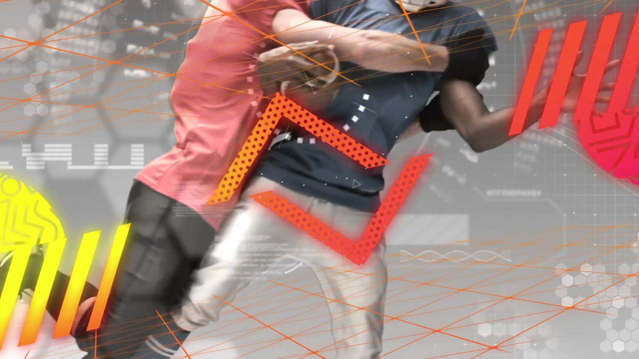 Graphics sliding across grid floor spurring defender charging runner under sports analytics overlay