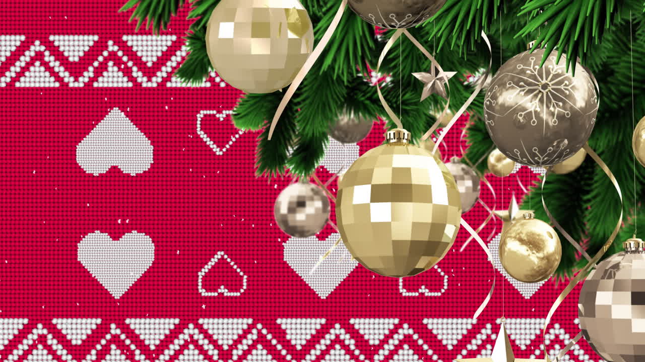 ⁇ 은 배경 에 크리스마스 구슬 장식 위 에 내리는 눈 의 애니메이션