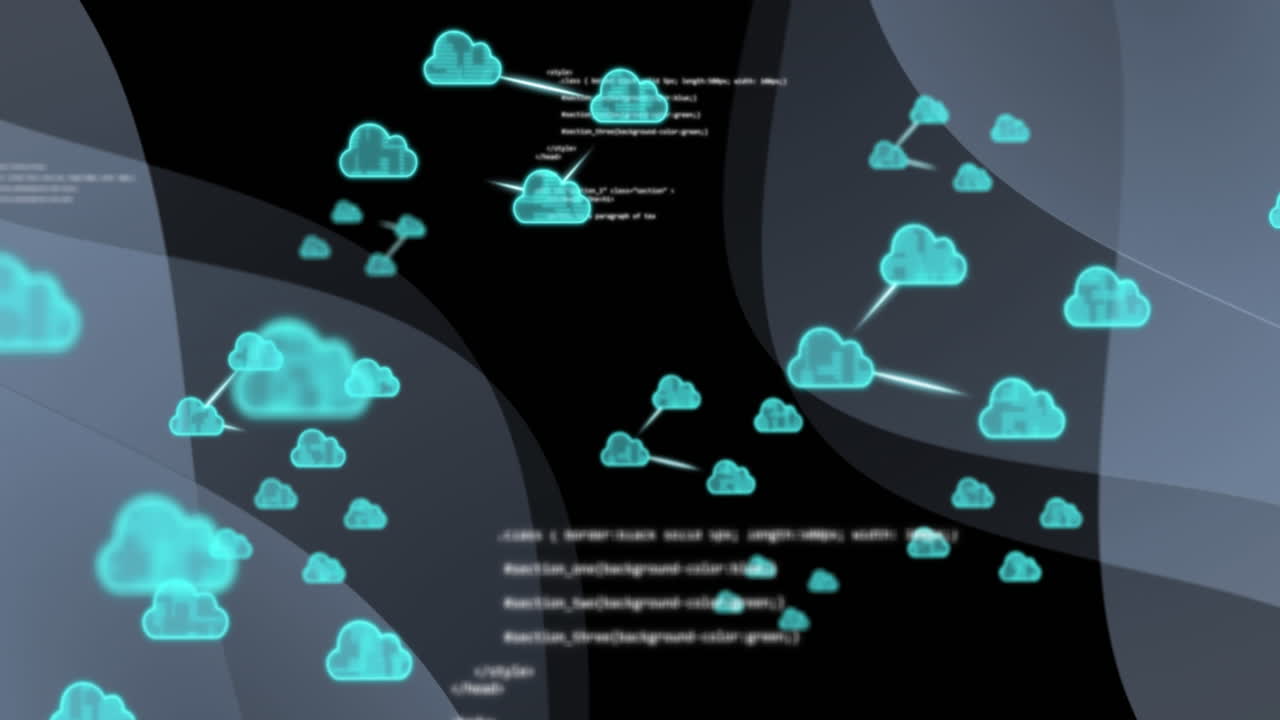 animación de nubes con signos de flecha y lenguaje de programación moviéndose en un fondo abstracto