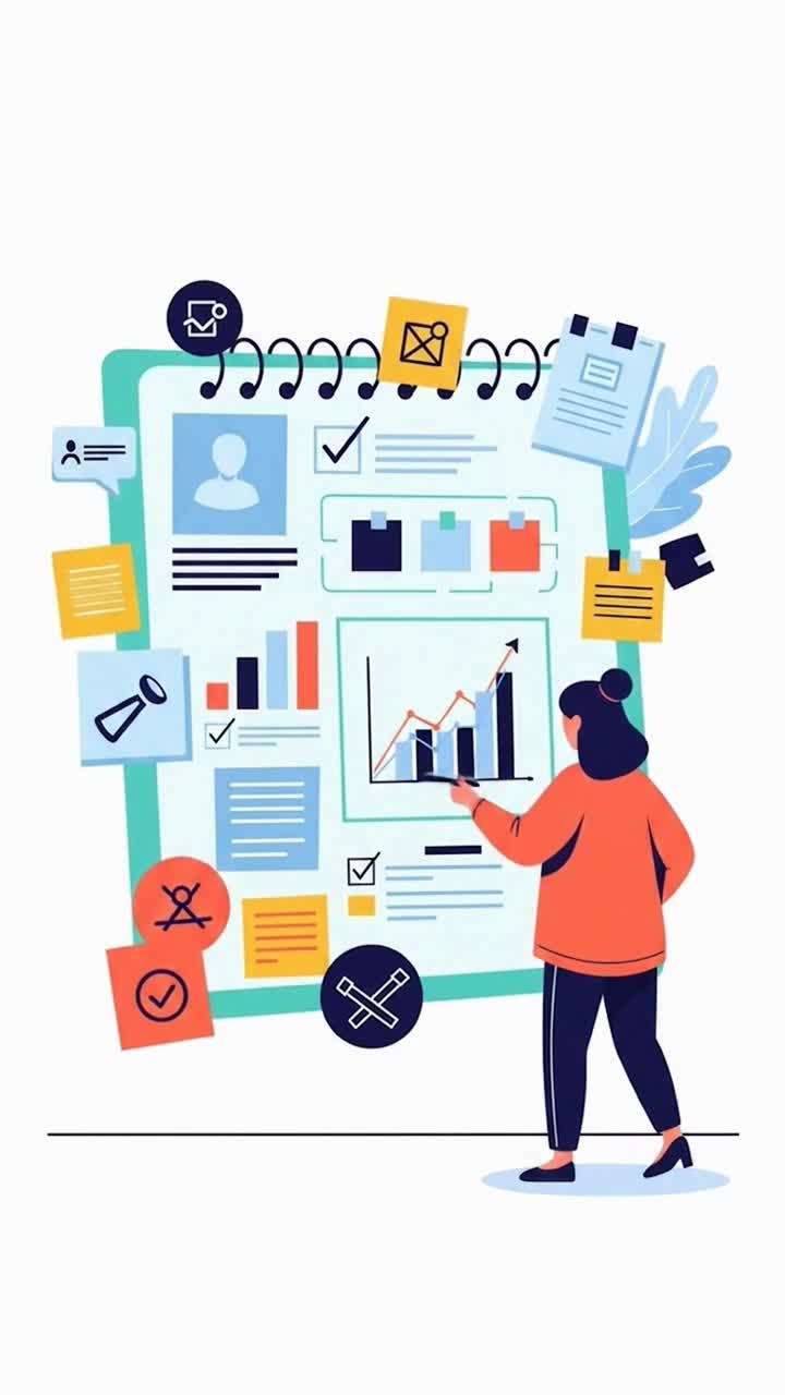 Businesswoman managing a project with a large planner and task board