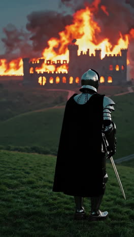 knight stands guard over a burning castle