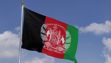 Flag-Of-Afghanistan-Moving-In-The-Wind-With-A-Clear-Blue-Sky-In-The-Background,-Clouds-Slowly-Moving,-Flagpole,-Slow-Motion