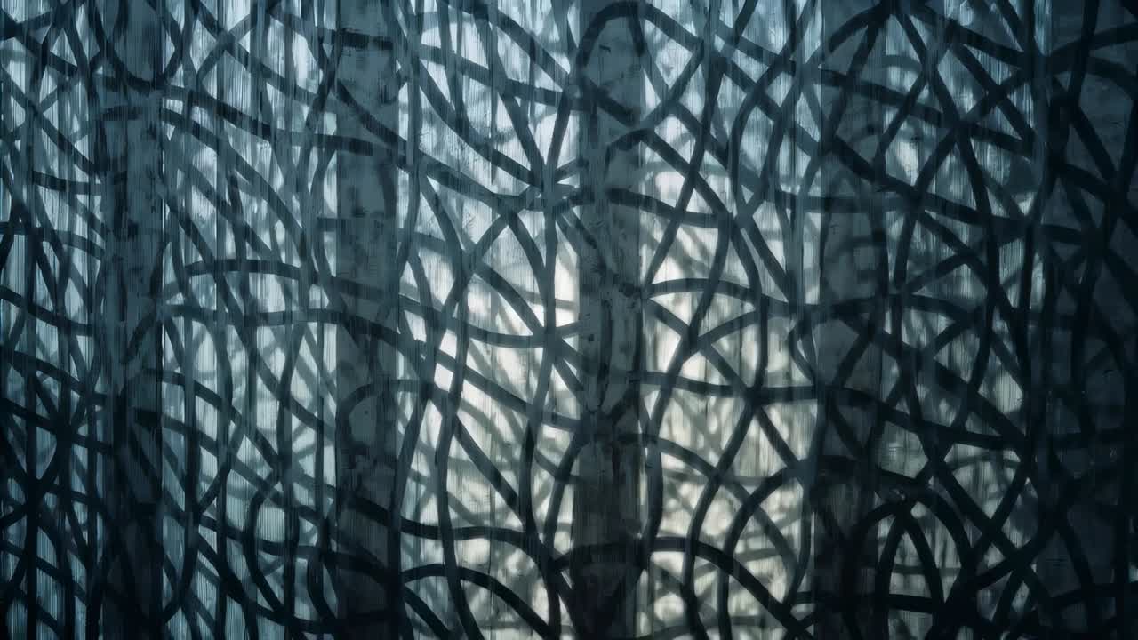 Shifting backlight revealing sheer patterned curtain in window, showing vertical shapes in fabric