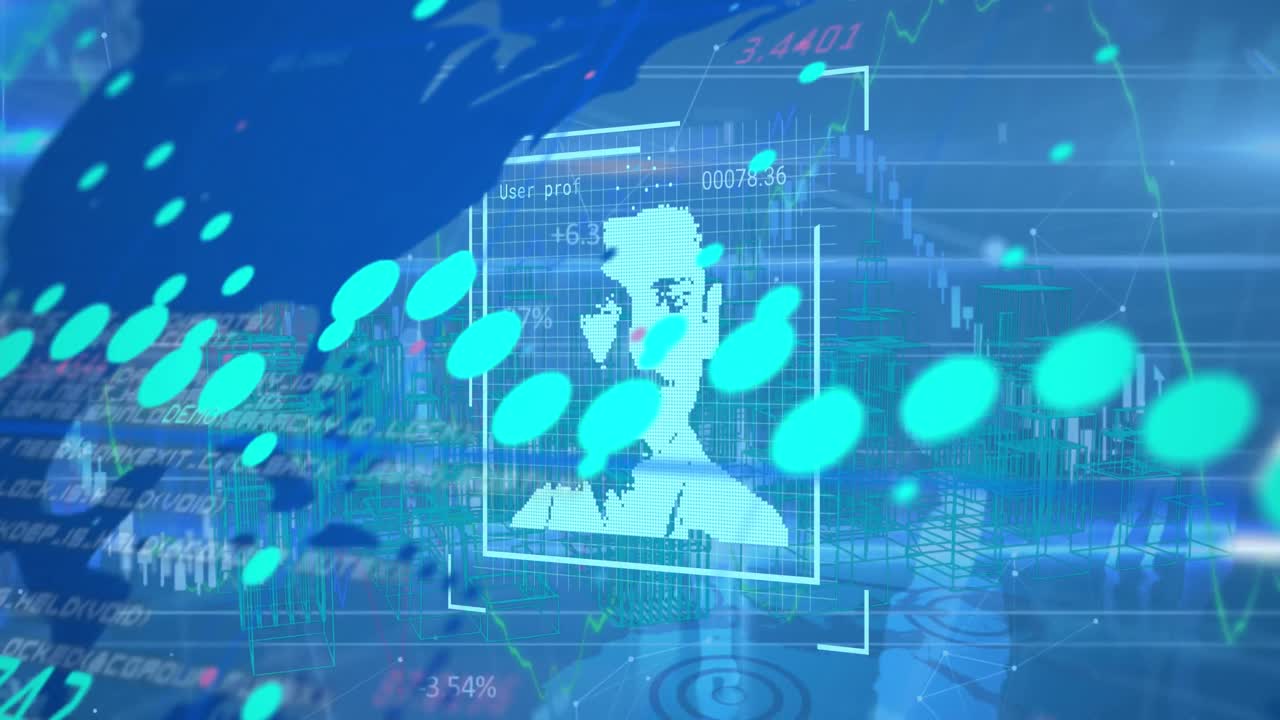 파란색 배경에 있는 사람들의 초상화로 데이터 처리의 애니메이션