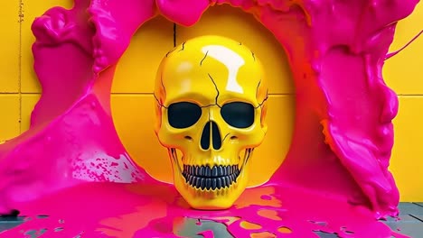 a yellow skull with pink paint splattered on it's face