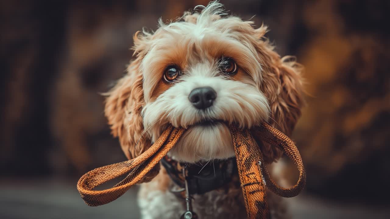 A Charming Dog Holds Its Leash in Its Mouth, Eagerly Awaiting a Walk, Capturing the Joy and Anticipation of Pet Ownership in a Beautiful Setting