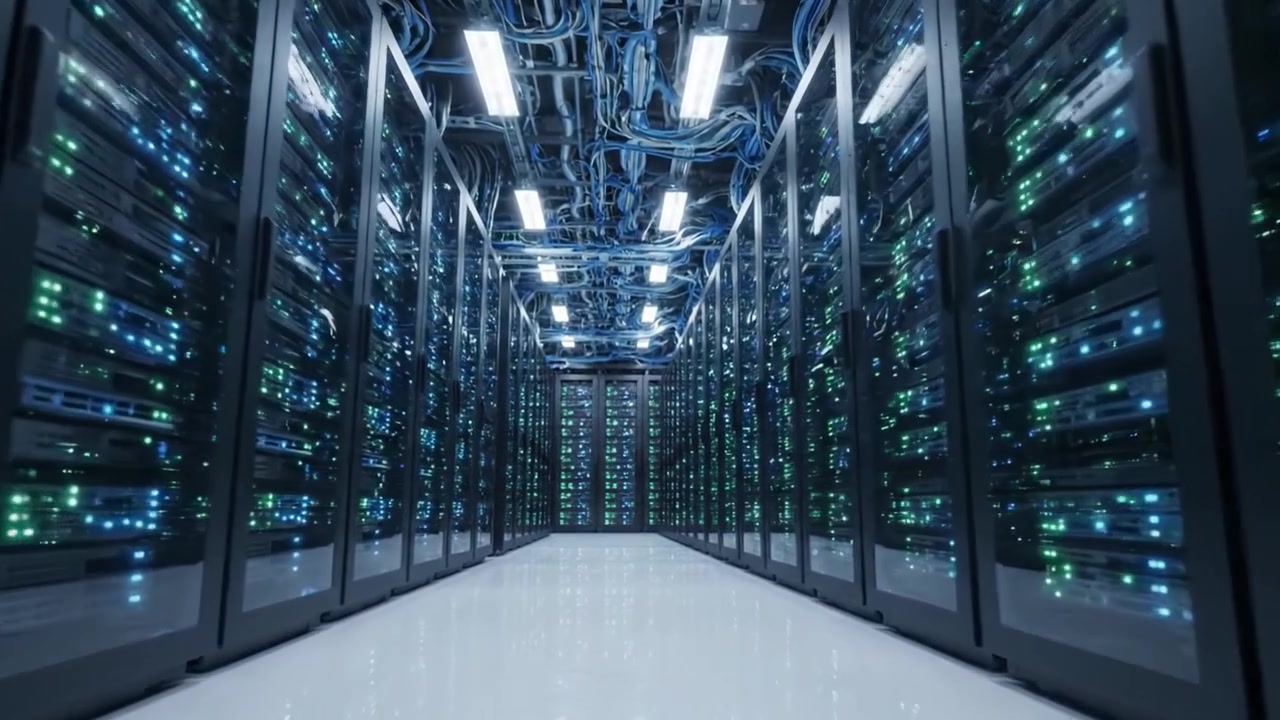 High-Tech Data Center Interior Featuring Server Racks with Illuminated LED Indicators and Complex Wiring Systems for Efficient Data Management and Processing