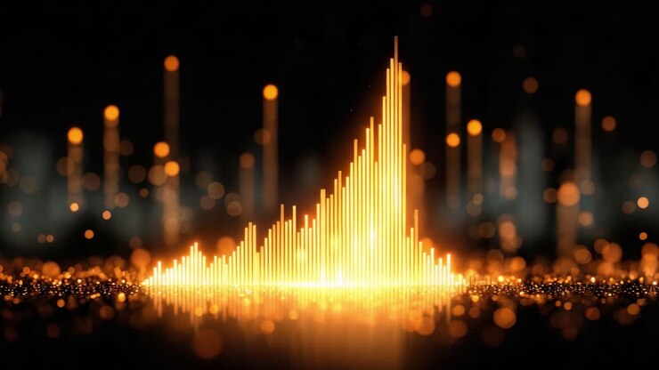 Forma d'onda audio dorata e luminosa che reagisce al suono su sfondo nero. Analizzatore di spettro audio digitale con riflesso. Bokeh e particelle luminose. Rappresentazione di musica. Podcasting o registrazione vocale