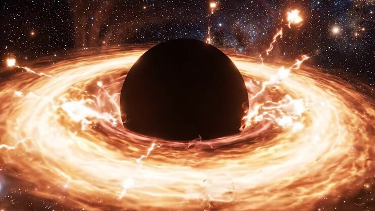 An Awe-Inspiring Cosmic Phenomenon: The Mysterious Black Hole Surrounded by Fiery Accretion Disk in a Dazzling Universe of Stars and Galaxies
