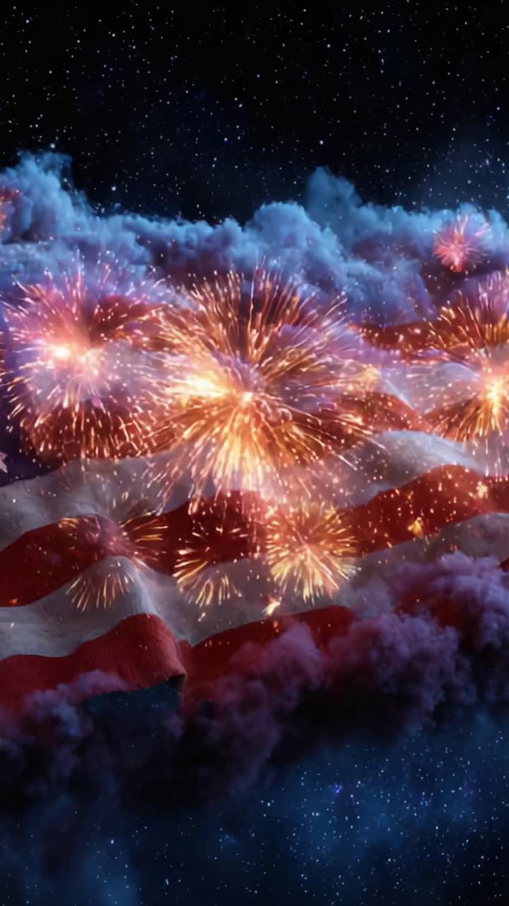 Spectacular Fireworks Exploding Over an American Flag, Illuminating the Night Sky with Colorful Bursts and Dramatic Clouds, Creating a Festive Atmosphere