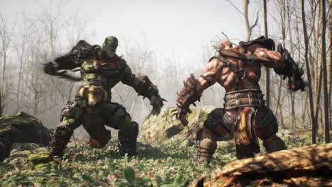 two formidable orc warriors fight in a battle in a fairy-tale summer forest. fantasy medieval concept. looping animation is designed for historical, medieval or fantasy backgrounds.