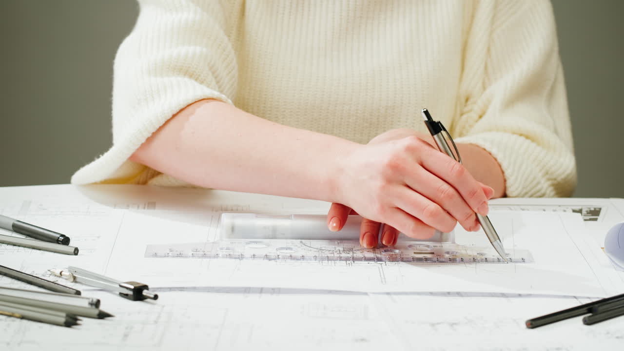 Close-up of a person drawing blueprints with a ruler and pen