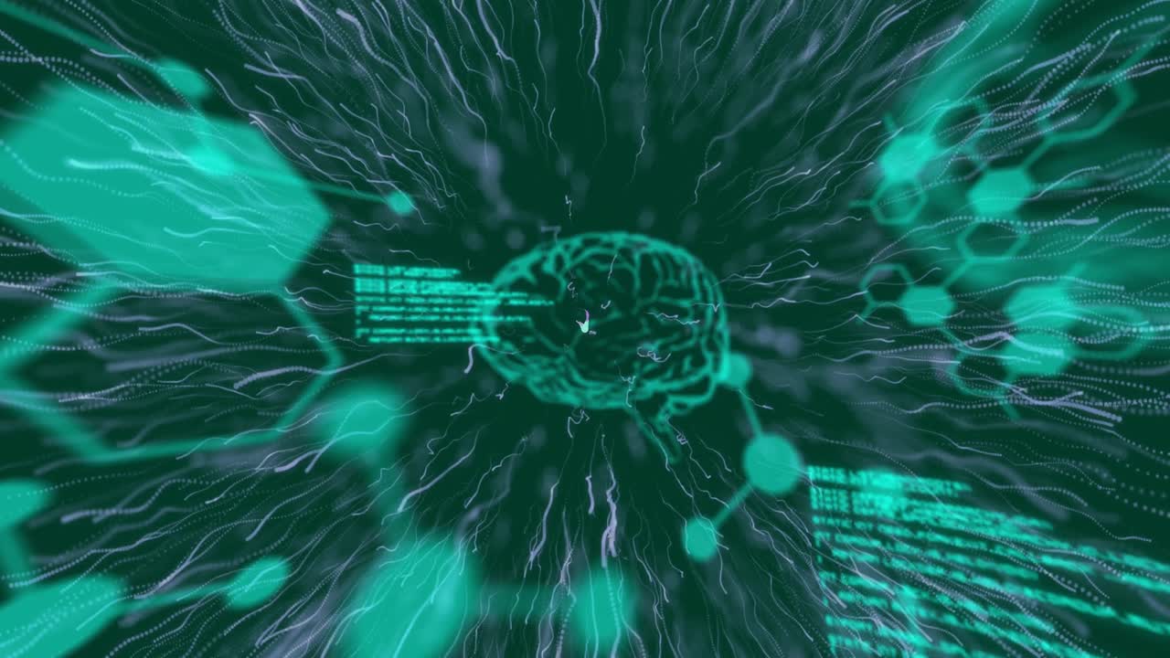 Animation of data processing and brains on black background
