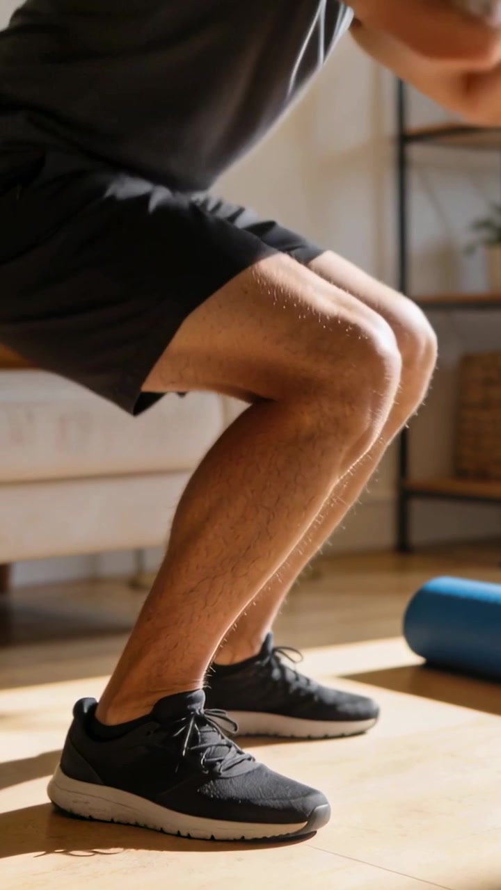 Video verticale: Timer che avvia l'allenamento, uomo in pantaloncini che fa squat eseguendo ripetizioni a casa con un rullo in schiuma blu