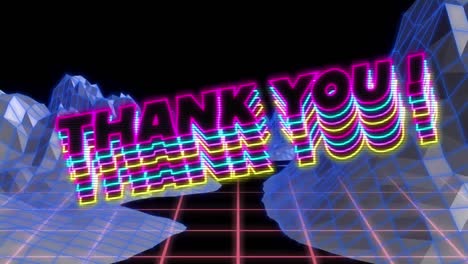 animation of thank you text over digital mountains on black background