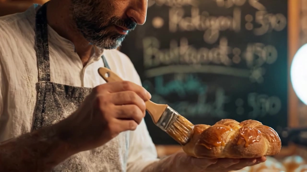 Artisan Baker Applying Glaze to Freshly Baked Pastry with Care and Precision in Rustic Bakery Environment, Showcasing Culinary Craftsmanship and Expertise