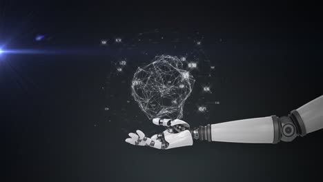 animación de la red de procesamiento de datos sobre la mano del brazo del robot, con luz azul sobre fondo negro
