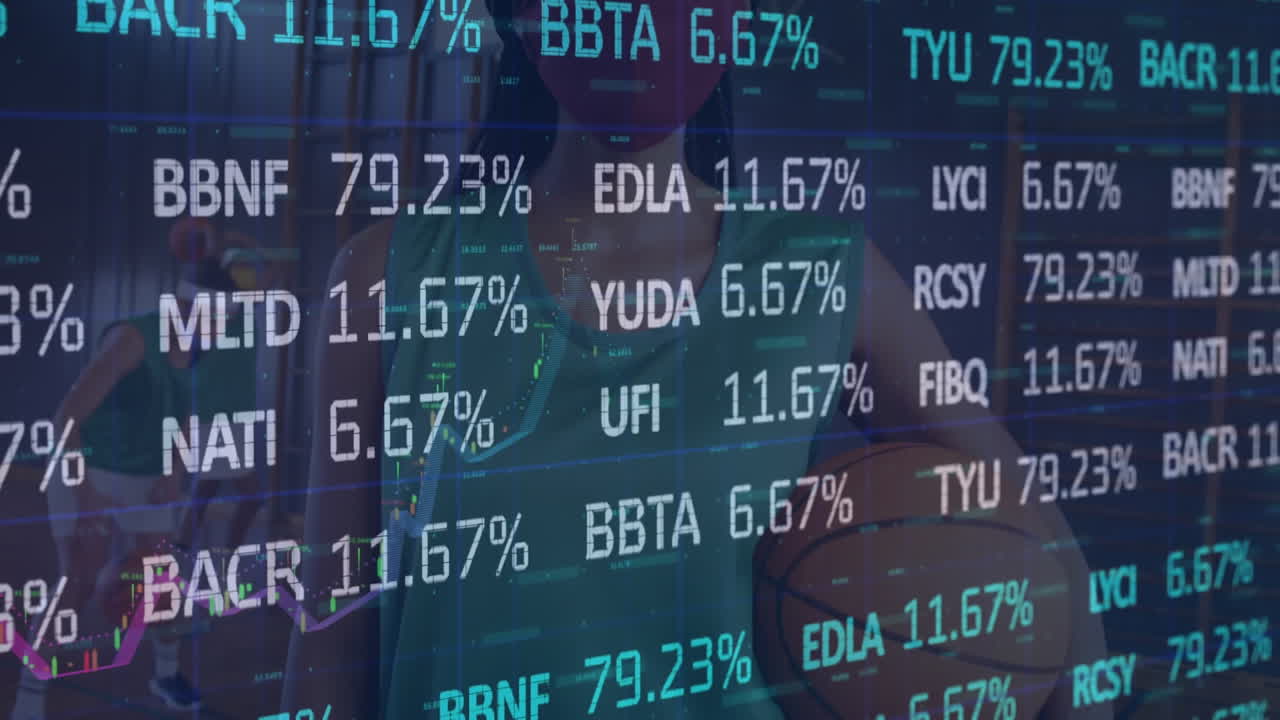 Animation of financial data processing over diverse group of female basketball players at gym