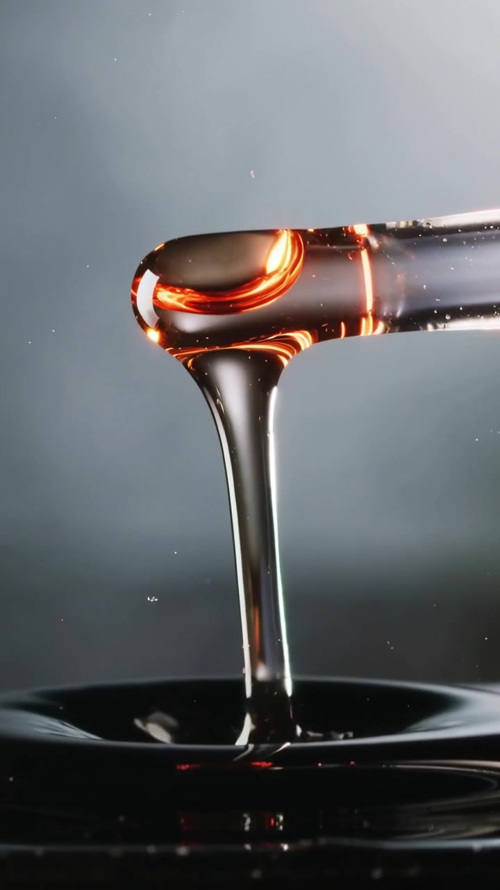 Video verticale: Cucchiaio lucido che si inclina versando sciroppo ambrato in un piatto scuro, mostrando minuscole particelle
