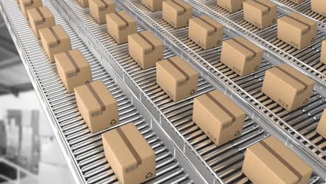 animación de cajas en cinta transportadora sobre el almacén