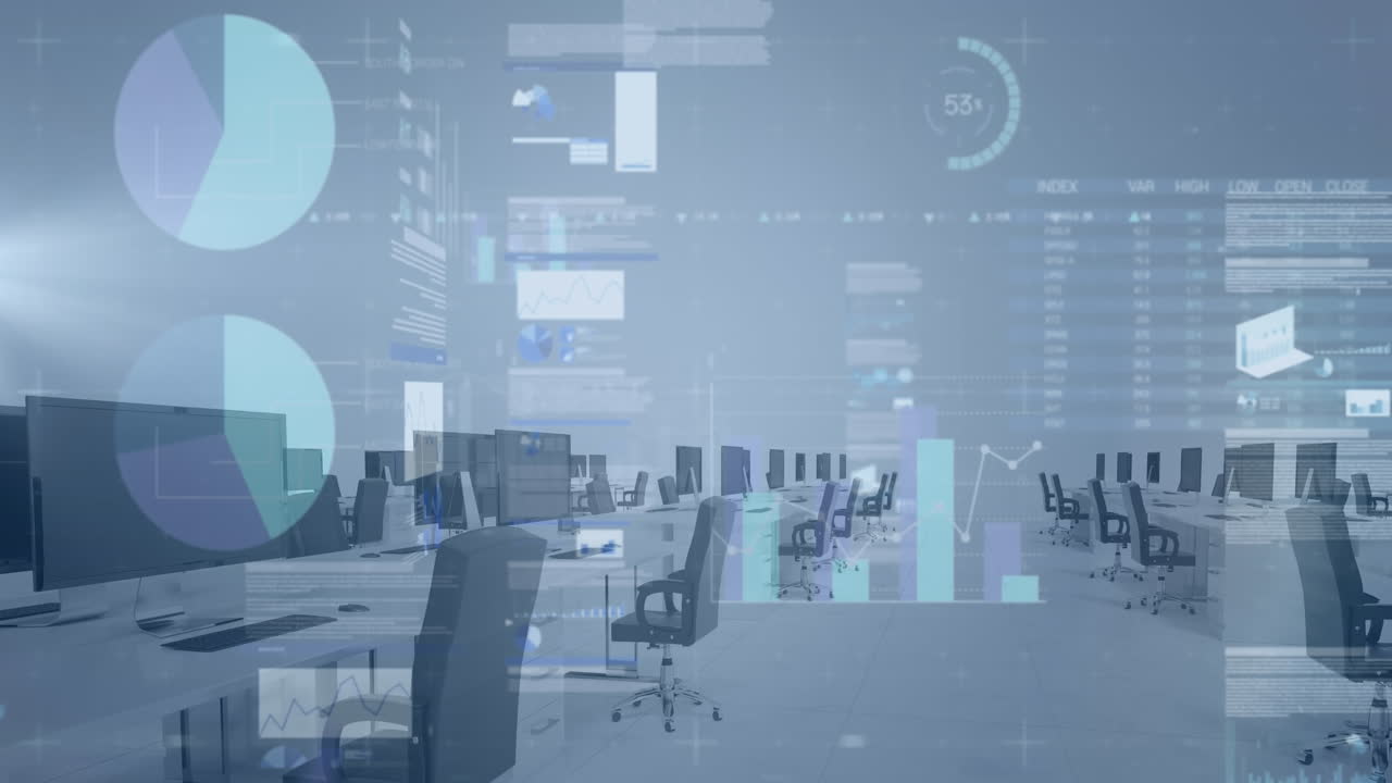 빈 사무실에 대한 데이터 처리와 함께 여러 화면의 애니메이션