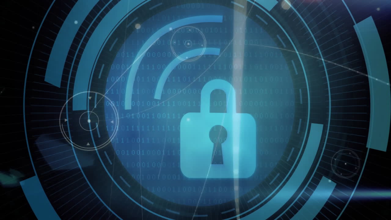 Animation of digital padlock with binary code and circular interface elements