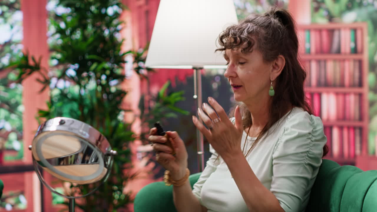 Elderly woman applying hydration serum on her cheeks to preserve her aging skin