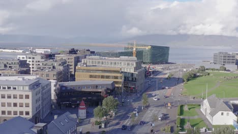 urban cityscape of capital reykjavik in iceland, harpa musical hall, lækjargata