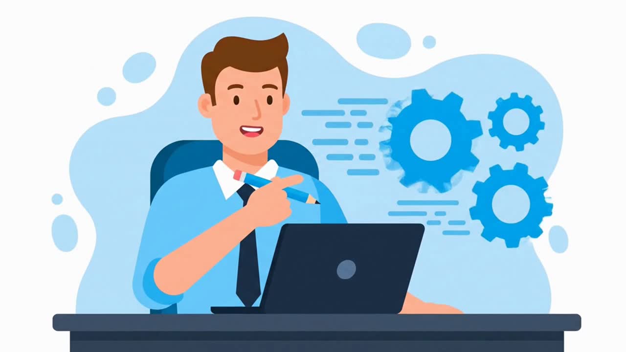 A businessman at a laptop explaining a technical system with gears ...