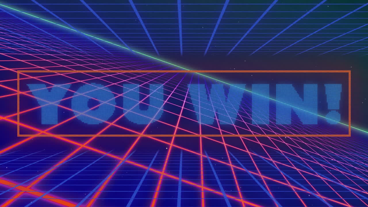 Glowing text YOU WIN! on retro grid background with animation effect