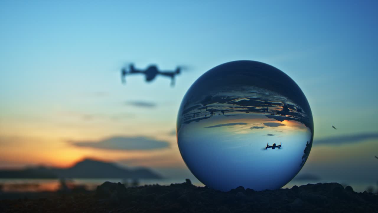 Drone flying in front the Crystal ball in twilight.