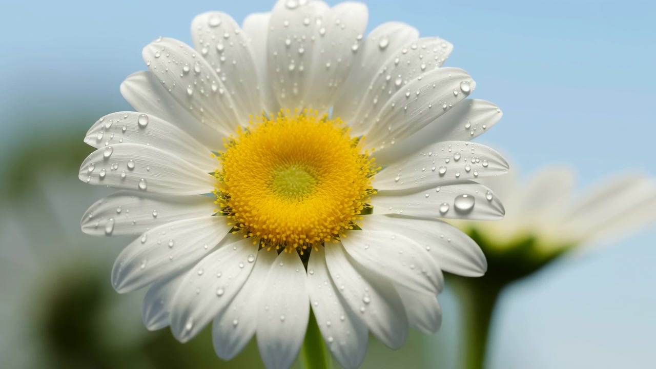 Macro frontal view of single white daisy showing progressive increase in clear water droplets across upper petals, indicating recent dew or light spray while droplets remain stationary on petals