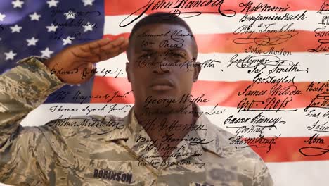 flag behind military man and the written constitution of the united states