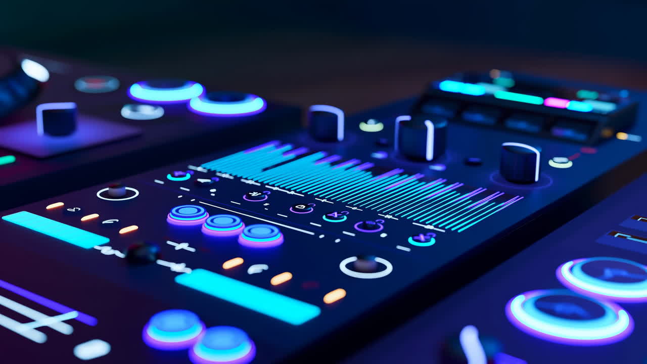 Closeup Neon Mixer Console Glowing. Blue And Purple LED Lights Illuminate Faders, Knobs, Pads And Waveform