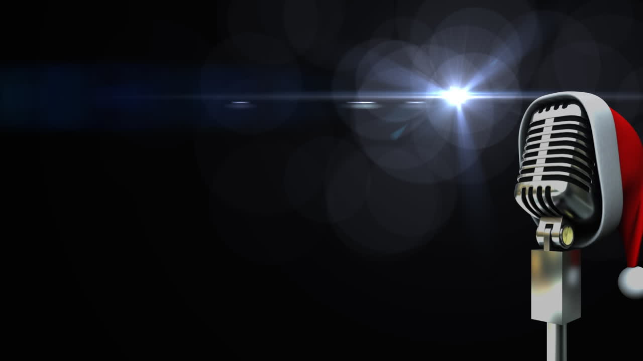 animación de la luz y el micrófono vintage en el sombrero de santa sobre fondo negro