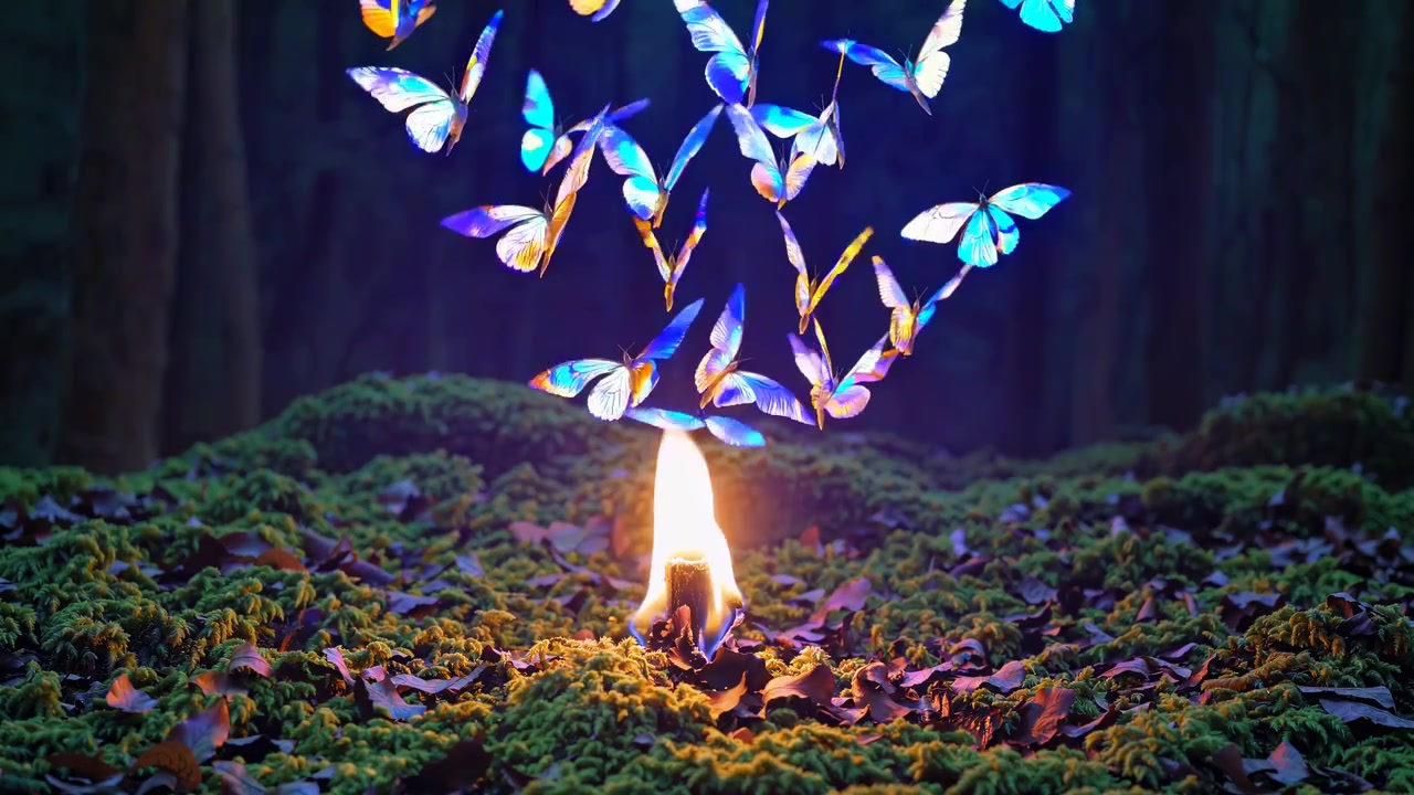 Farfalle magiche che volano intorno a una fiamma di candela in una foresta oscura.