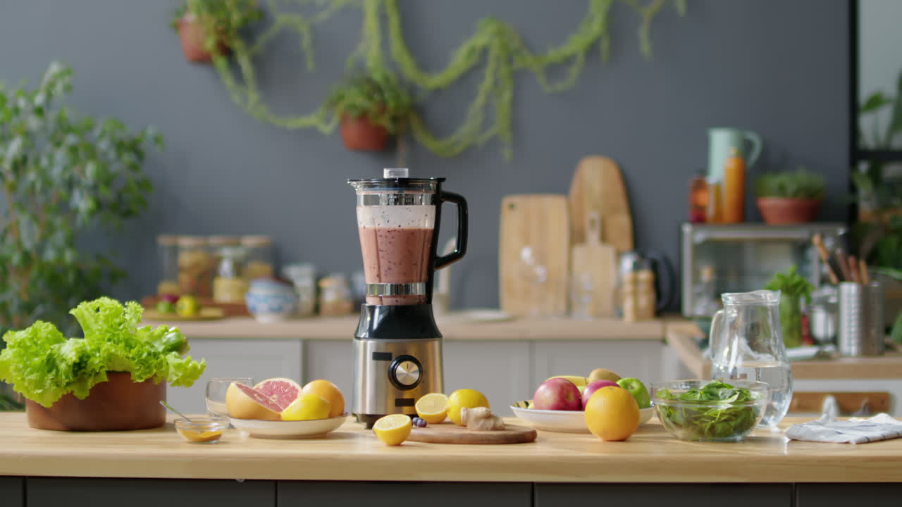Fruit and Blender with Smoothie on Table in Kitchen
