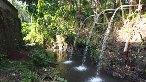 Grifos-De-Agua-De-Bambú-Que-Fluyen-En-El-Río-Del-Bosque-Balinés-Junto-A-Un-Templo-Para-La-Ceremonia-De-Purificación-En-Ubud,-Bali,-Indonesia