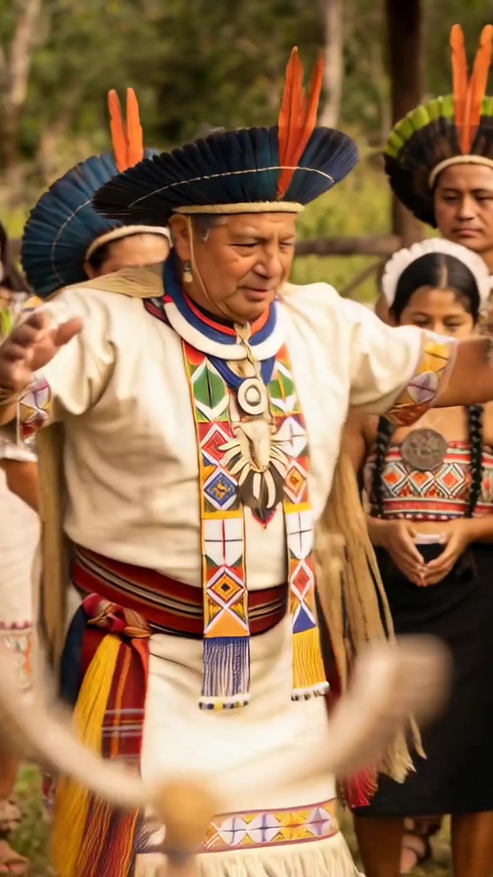 Video verticale: Anziano/a che alza le braccia e guida una danza rituale in una radura aperta, indossando un copricapo.