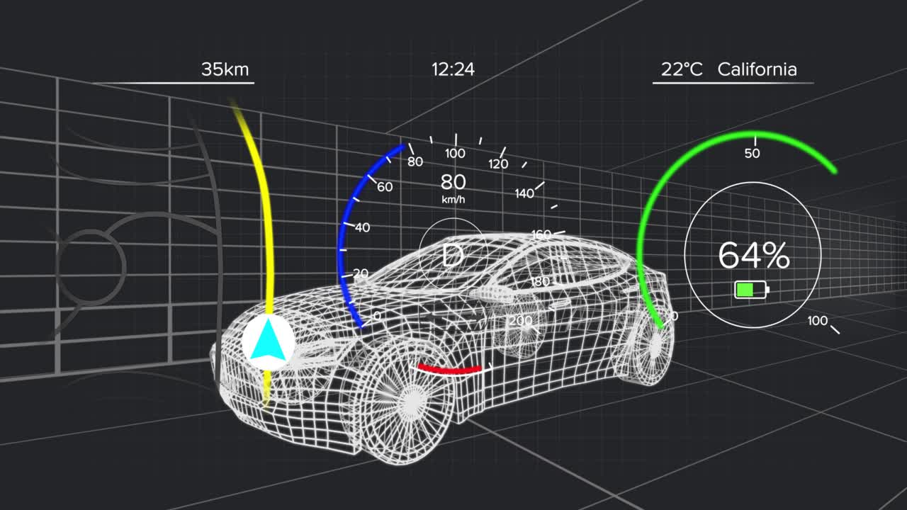 Opening wireframe car speeding and slowing inside grid tunnel with route line illustrating progress