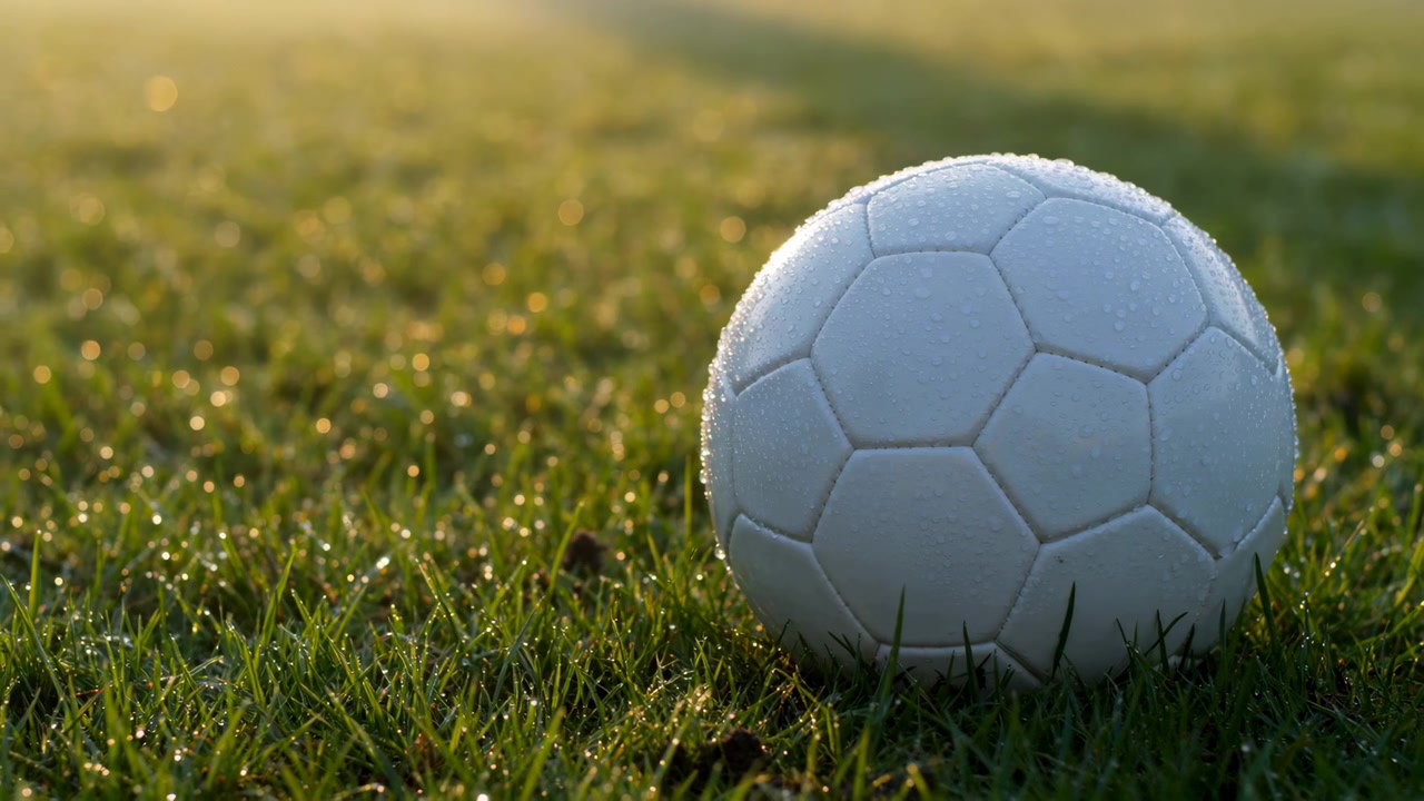 Varmt morgenlys afslører en hvid fodbold, der hviler på dugvådt græs, med et lavt jordniveau-synspunkt, blød bokeh, kant-highlights og sprød våd tekstur hen over banen.