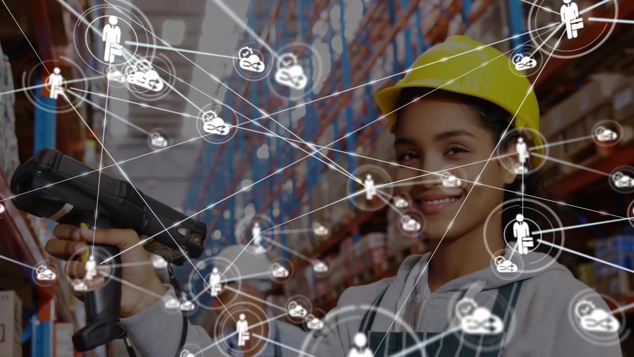 Animation of network of connections with people icons over woman working in warehouse