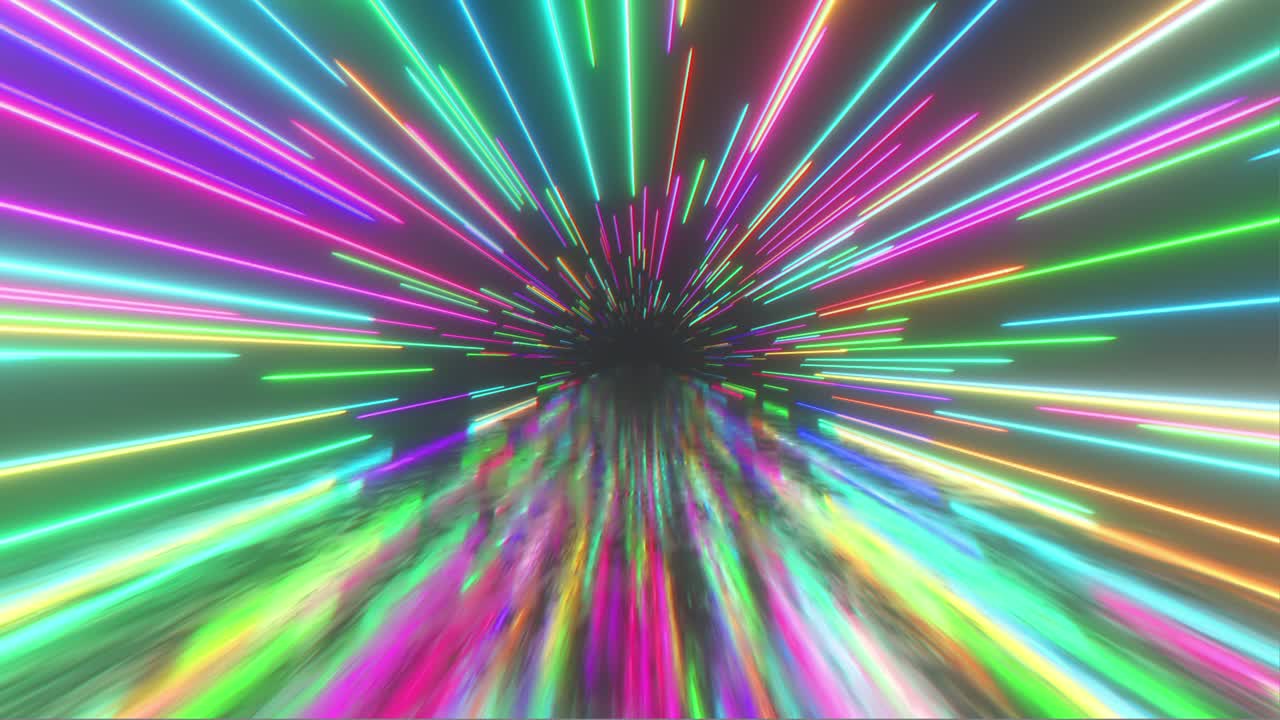 Flying in space with luminous neon lines. Hyperspace. Modern spectrum of light. Multicolored. Seamless loop 3d render